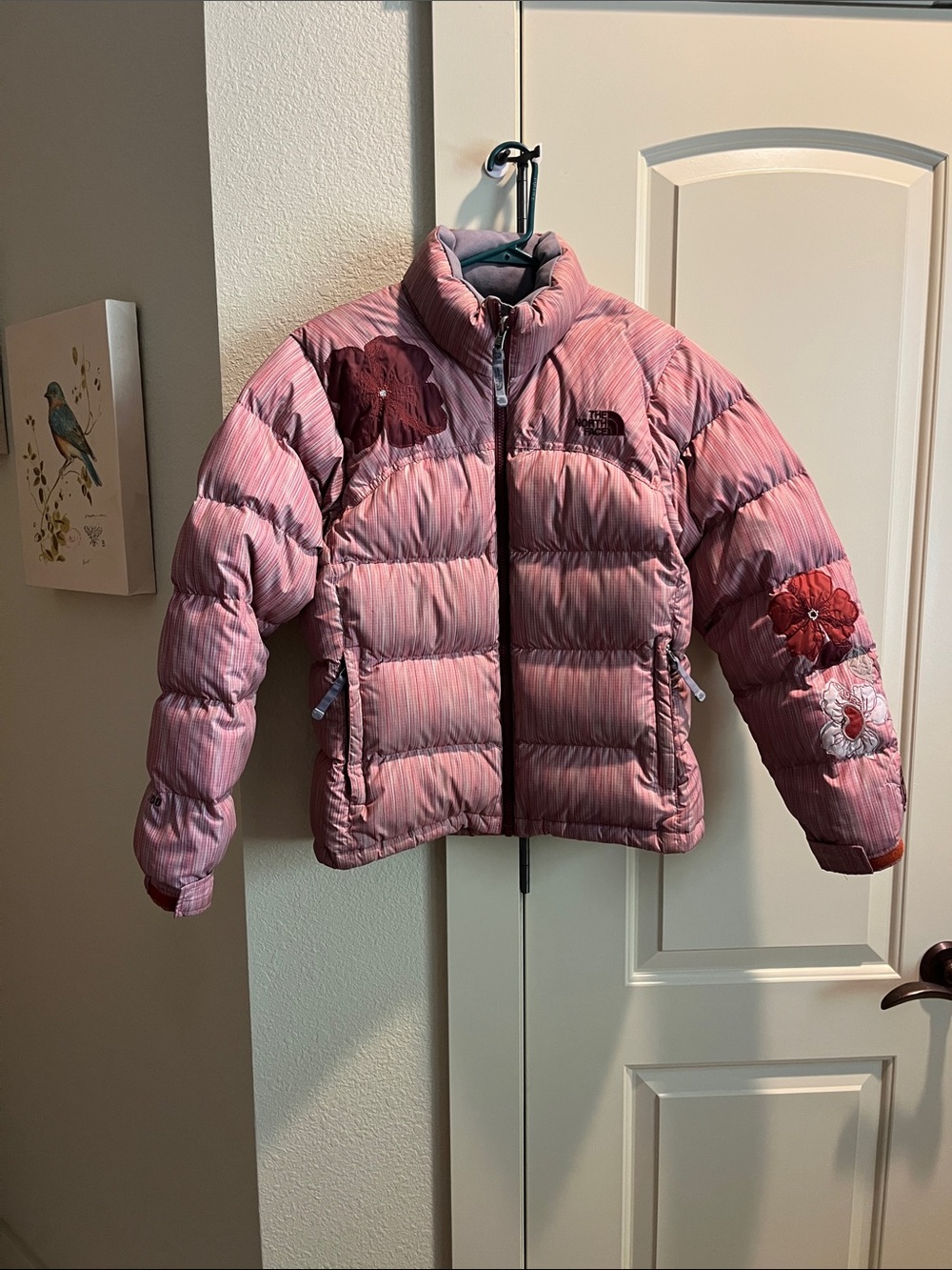 The North Face Girls' Pink Quilted Puffer Jacket with Floral Patches